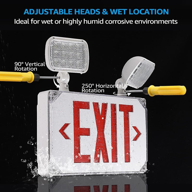LEONLITE LED Exit Light, Wet Location Exit Sign with Emergency Lights, UL Listed, Outdoor Hardwired Red Letter Exit Sign with Battery Backup, 2 Dual Heads, Double Face, AC 120/277V, White - Image 2